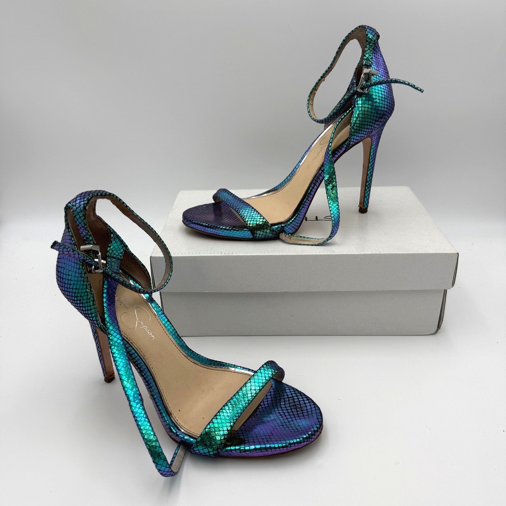 Jessica Simpson Rayli2 Iridescent Teal Purple Scales Stiletto Sandals 9.5M